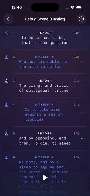 SideKick rehearsal view showing Hamlet scene with READER and MYSELF lines